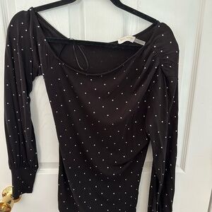 Black Ramy Brook Alice Rhinestone Long Sleeve Off the ShoulderTop